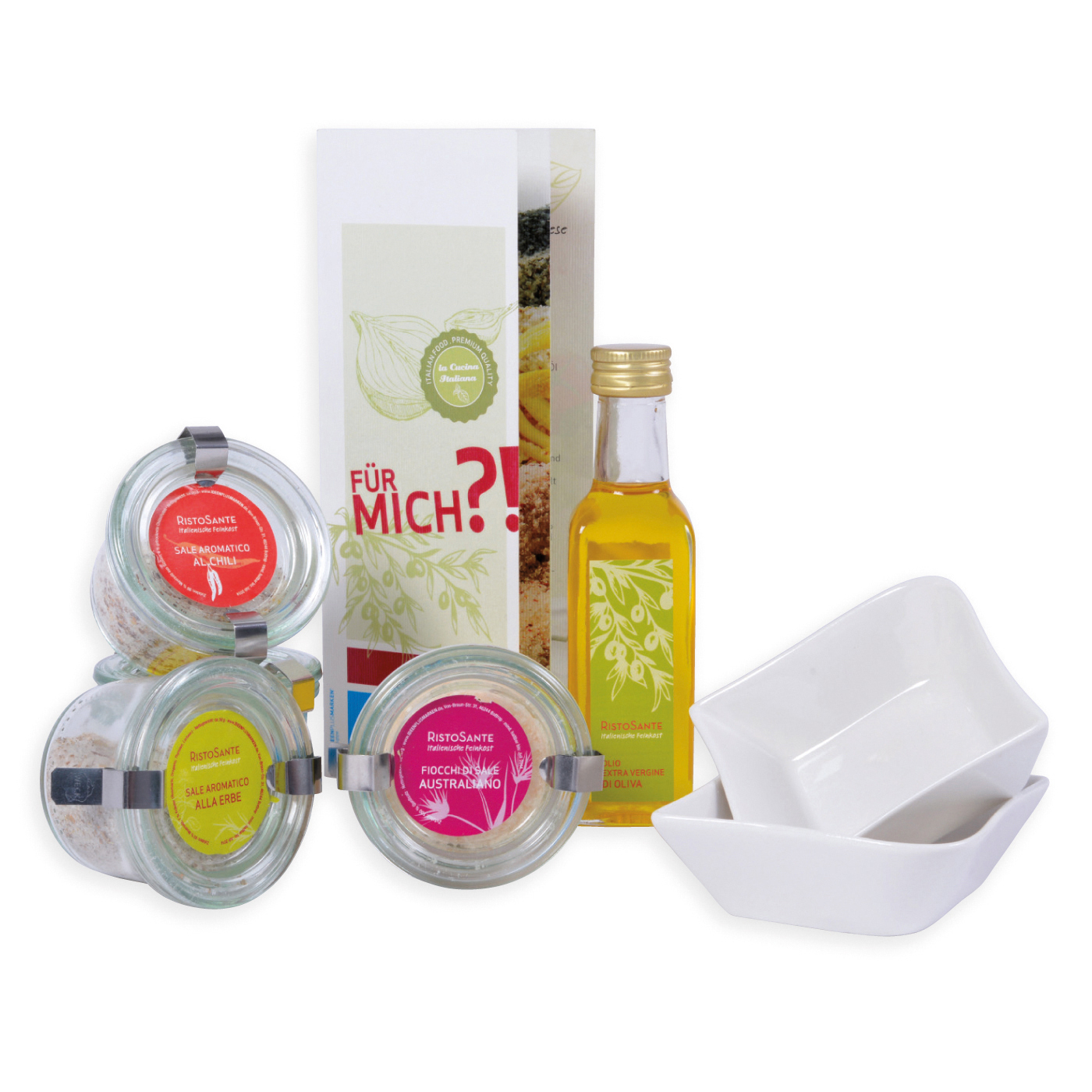 Salz-/Öl-Set bestehend aus verschiedenen Salzsorten, Olivenöl und ...