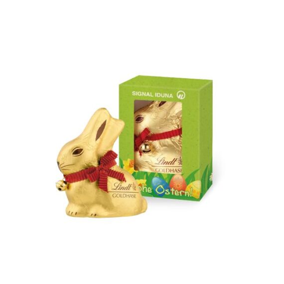 WERBEKARTONAGE „LINDT GOLDHASE“ 50 G AUF GRASPAPIER